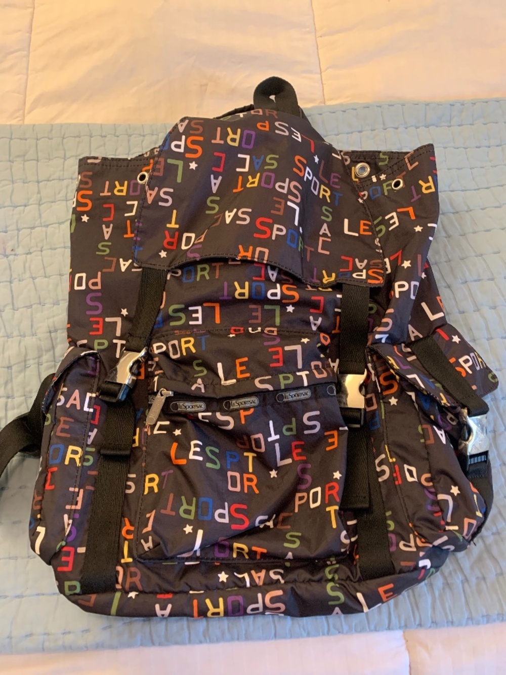 LeSportsac Large Rucksack Backpack Black with Colorful Letters